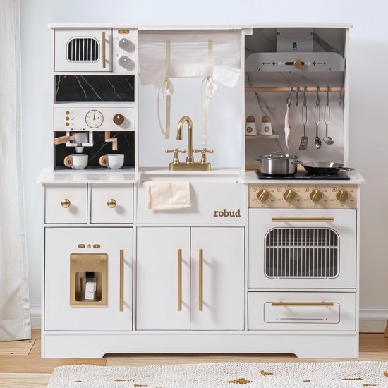 Een witte houten speelkeuken met gouden details. Inclusief magnetron, koffiezetapparaat, gootsteen, kookplaat en oven.