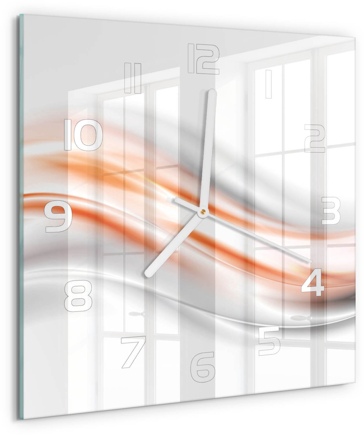 Tulup Wandklok - Golfabstractie Decoratieve Glazen Klok - 30x30 cm - Oranje Glazen Wandklok Design - Witte handen - Vierkante Klok - Glazen Klok Met Print - Wandklok Glas Met Motief