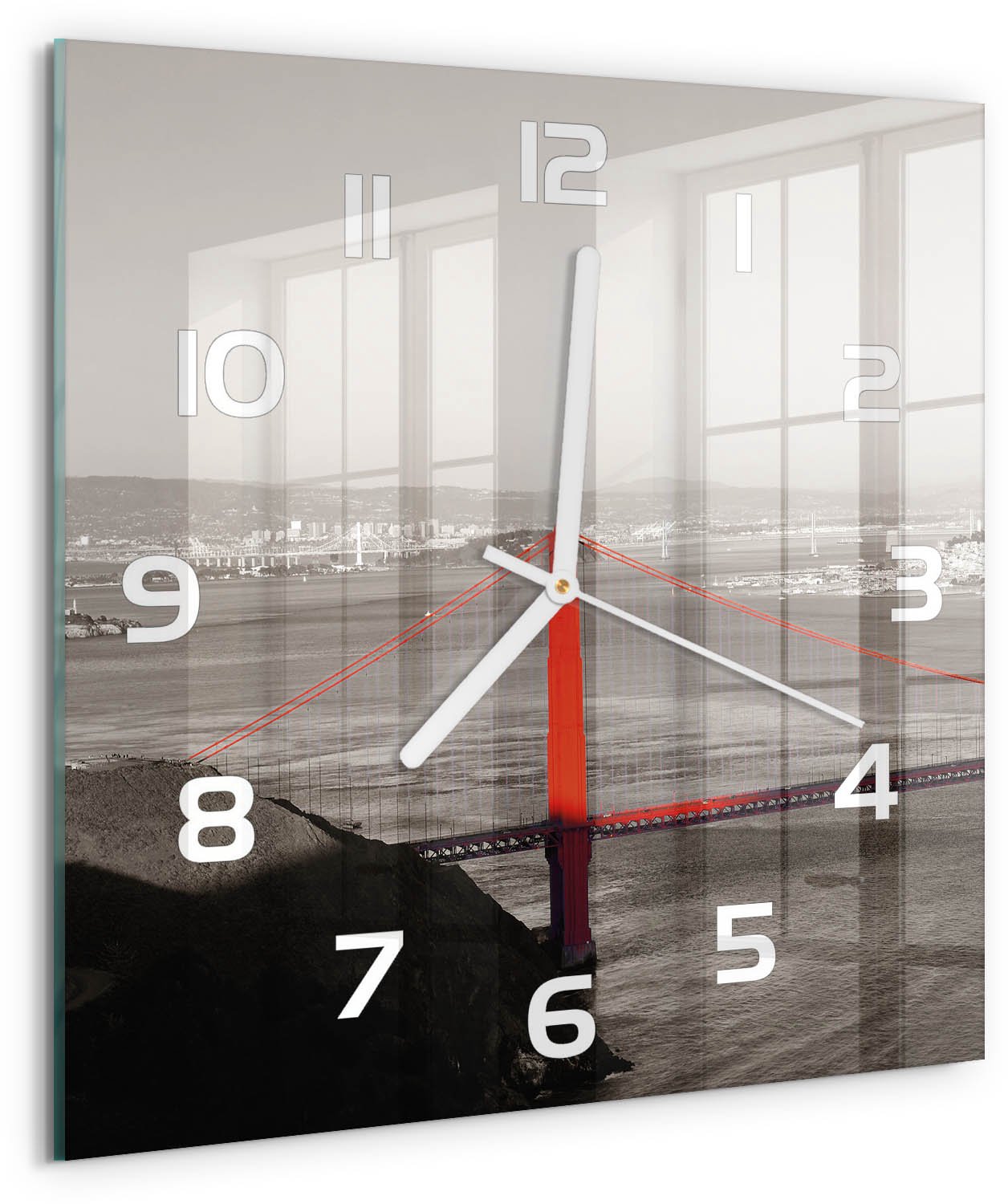 TULUP Wandklok - San Francisco-brug Klok Glas Met Opdruk - 30x30 cm - Rood Moderne Wandklok Glas - Witte handen - Vierkante Klok - Decoratieve Glazen Klok - Glazen Wandklok Design