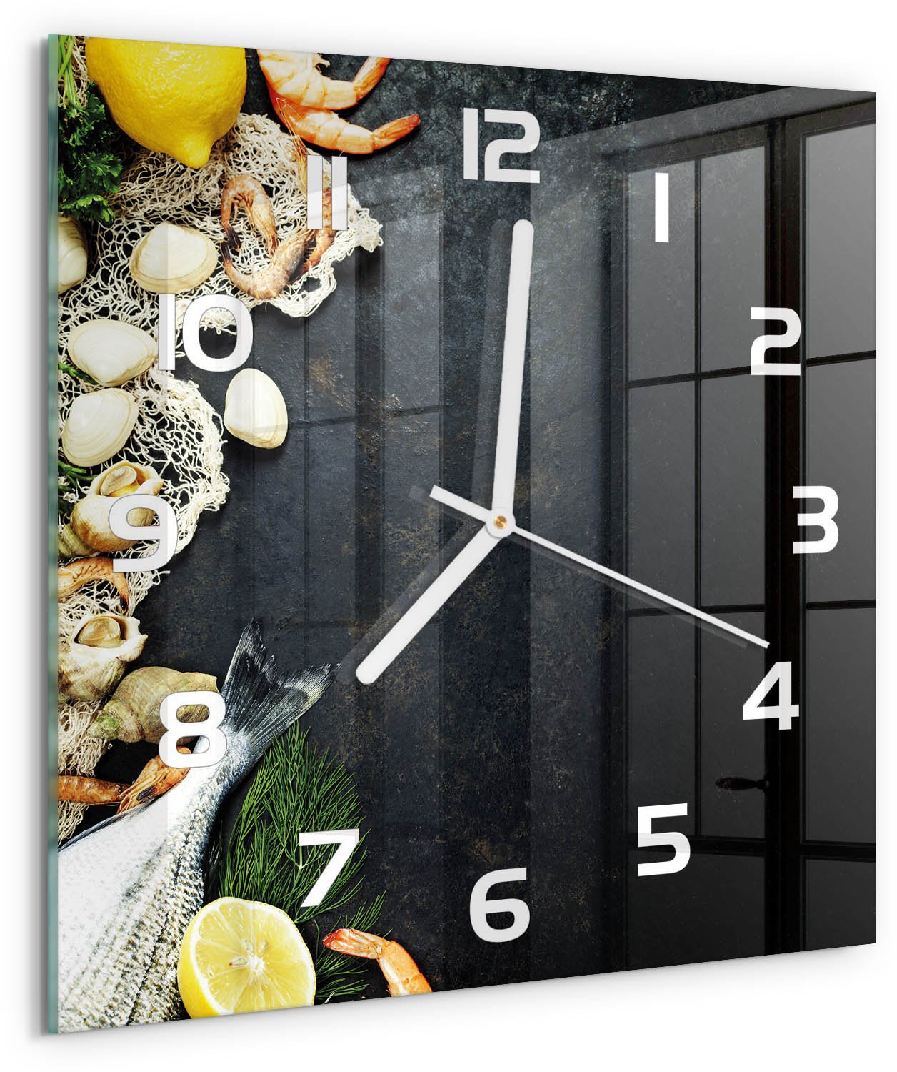 Tulup Wandklok - Zeevruchten Klok Glas Met Opdruk - 30x30 cm - Zwart Moderne Wandklok Glas - Witte handen - Vierkante Klok - Decoratieve Glazen Klok - Glazen Wandklok Design