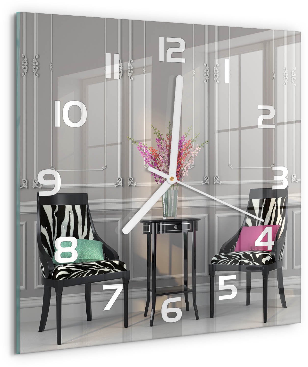 Tulup Wandklok - Twee stoelen Wandklok Glas Met Motief - 30x30 cm - Veelkleurig Decoratieve Glazen Klok - Witte handen - Vierkante Klok - Gekleurde Glazen Klok - Glazen Klok Met Print