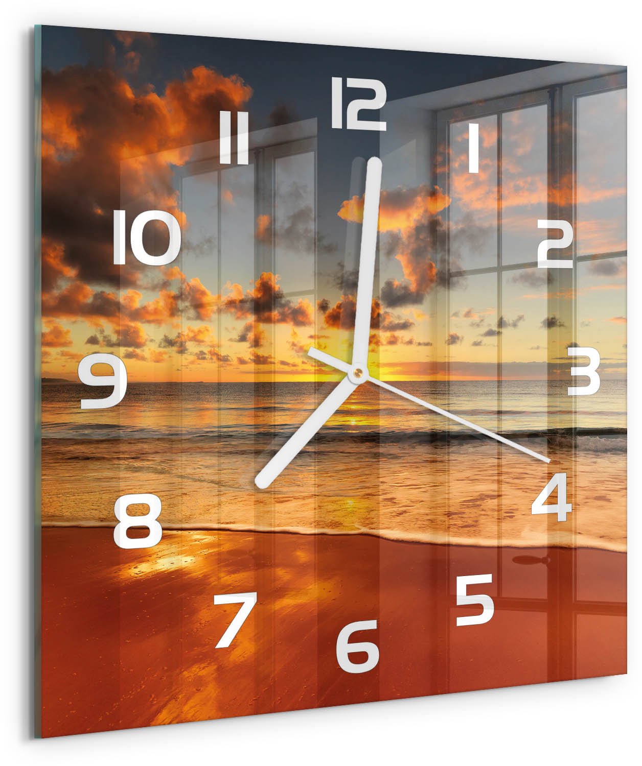 Tulup Wandklok - Australisch strand Gekleurde Glazen Klok - 30x30 cm - Oranje Glazen Klok Met Print - Witte handen - Vierkante Klok - Moderne Wandklok Glas - Wandklok Glas Decoratie