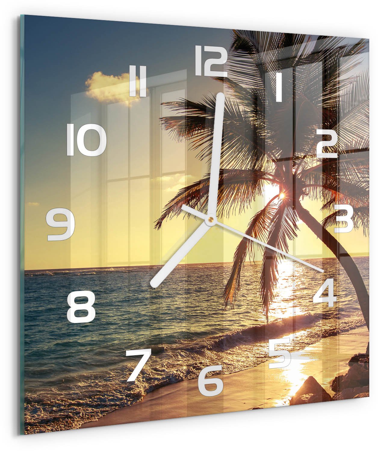 Tulup Wandklok - Tropisch strand Glazen Klok Met Print - 30x30 cm - Geel Wandklok Glas Met Motief - Witte handen - Vierkante Klok - Wandklok Glas Decoratie - Gekleurde Glazen Klok