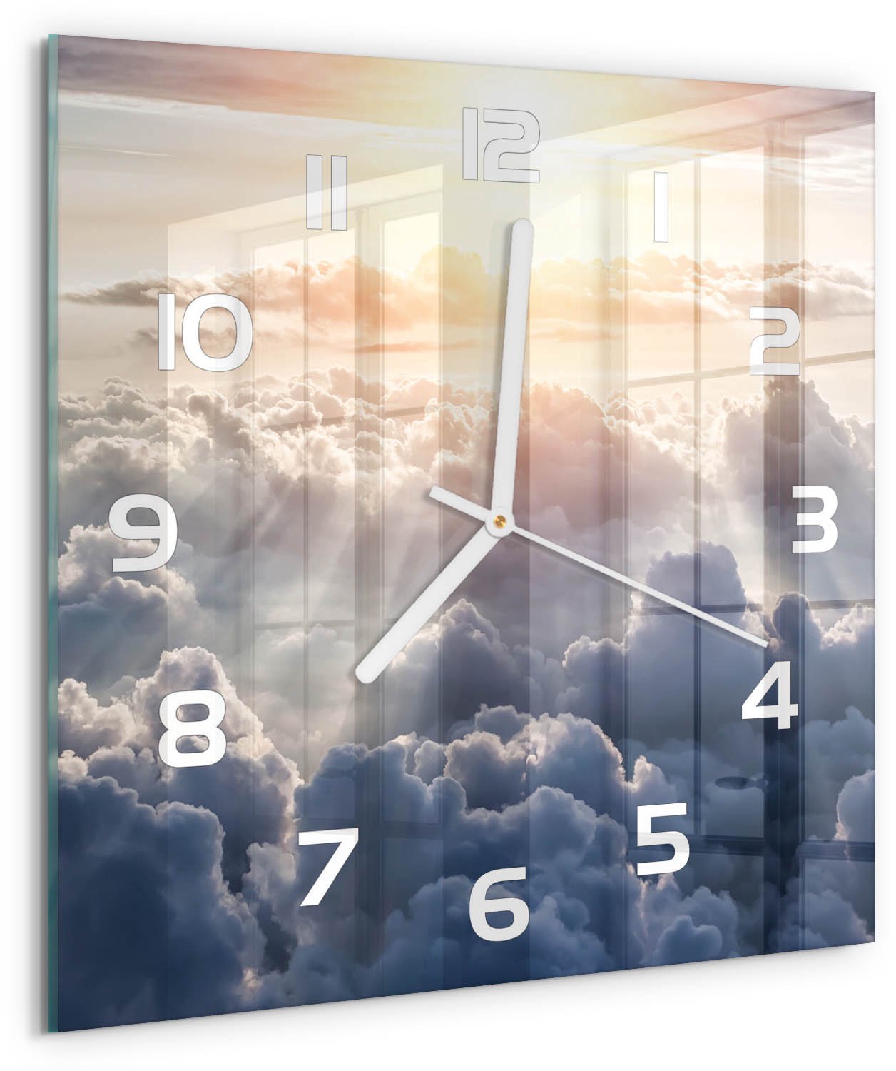 Tulup Wandklok - Wolken gezien vanuit vogelperspectief Glazen Klok Met Print - 30x30 cm - Geel Wandklok Glas Met Motief - Witte handen - Vierkante Klok - Wandklok Glas Decoratie - Gekleurde Glazen Klok