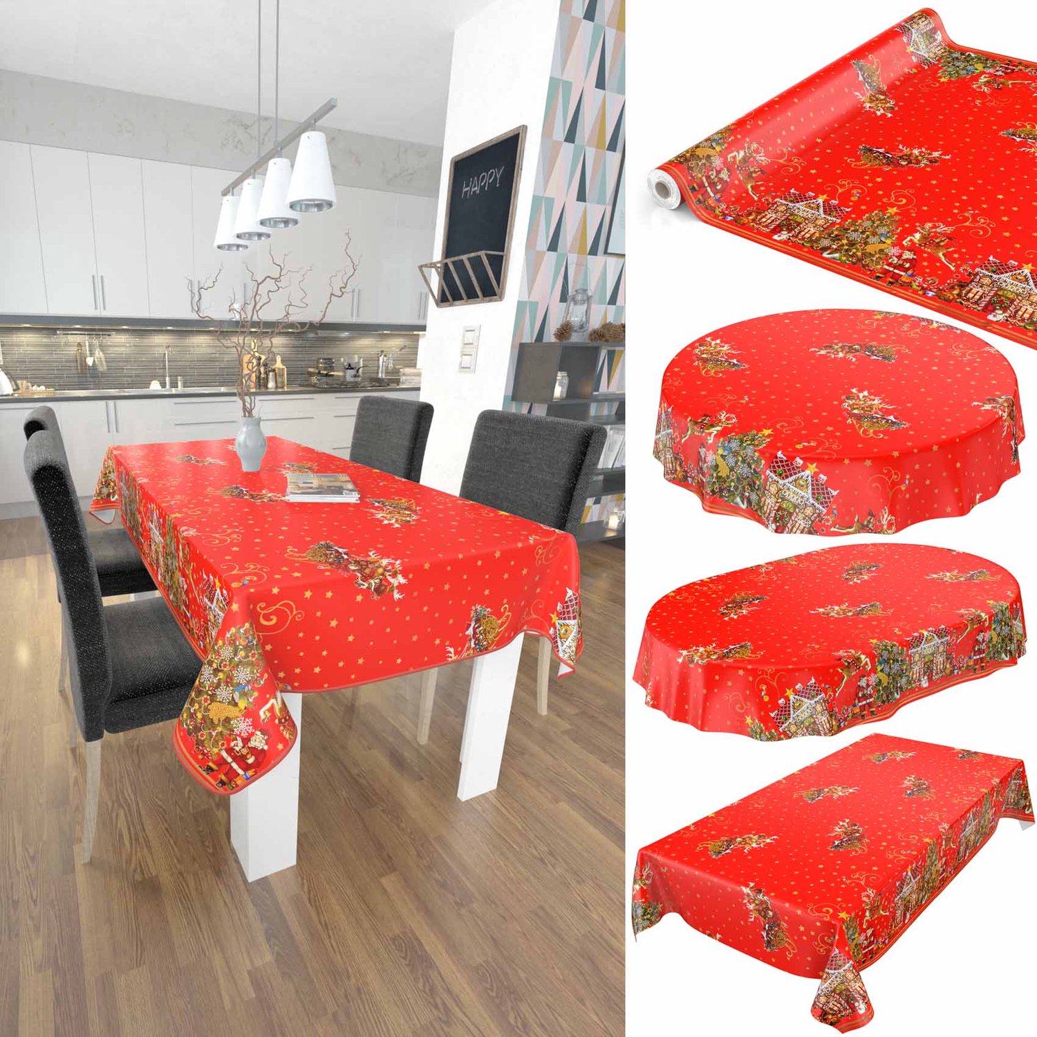 ANRO Tafelzeil op rol Kerstman met Sterren Rood 140cm x 20m – Afwasbaar Tafelkleed Rechte rand