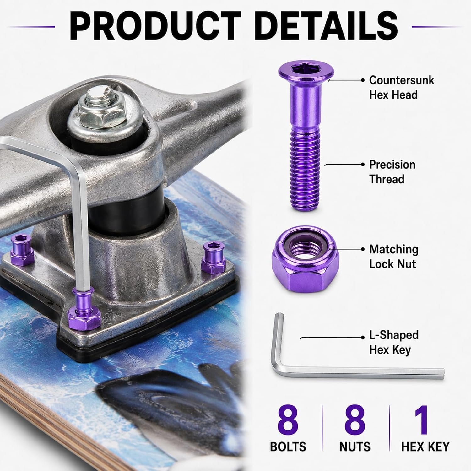Skateboard-hardware-kit 25 mm koolstofstaal bouten en moeren 8 paar bevestigingsonderdelen eenvoudige montage Homevero