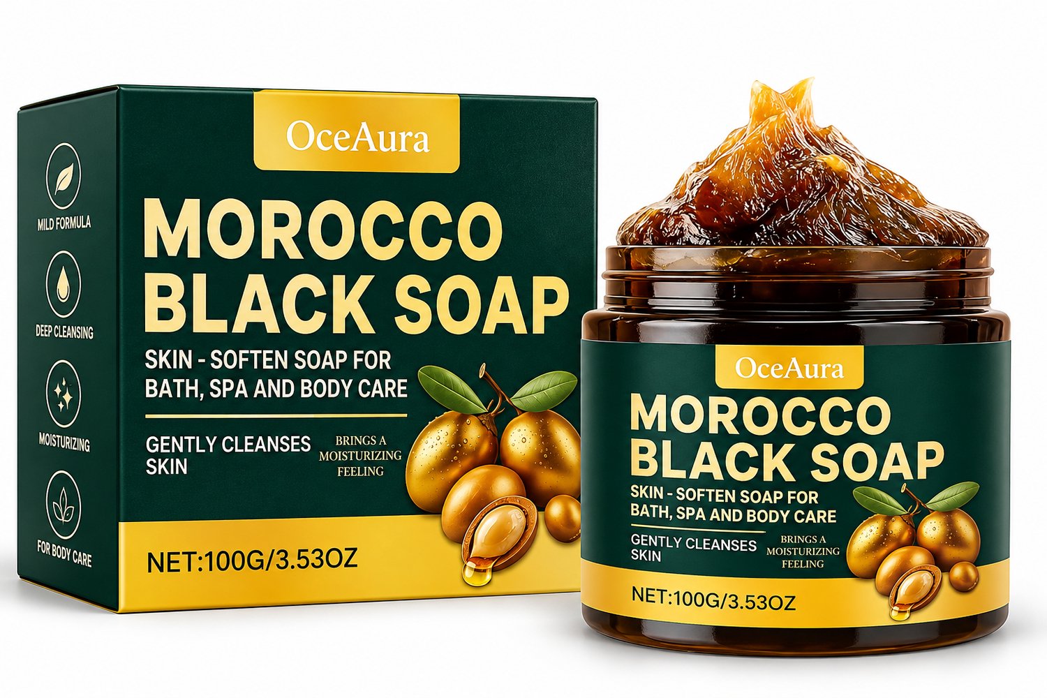 OceAura Marokkaanse Zwarte Zeep | Morocco Black Soap | Arganolie & Olijfolie | Beldi Zeep | Savon Noir | Hammam Zeep | Lichaamszeep | Reinigende & Verzorgende Zeep | Scrub Zeep | Body Care | Spa | 100G