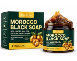 OceAura Marokkaanse Zwarte Zeep | Morocco Black Soap | Arganolie & Olijfolie | Beldi Zeep | Savon Noir | Hammam Zeep | Lichaamszeep | Reinigende & Verzorgende Zeep | Scrub Zeep | Body Care | Spa | 100G
