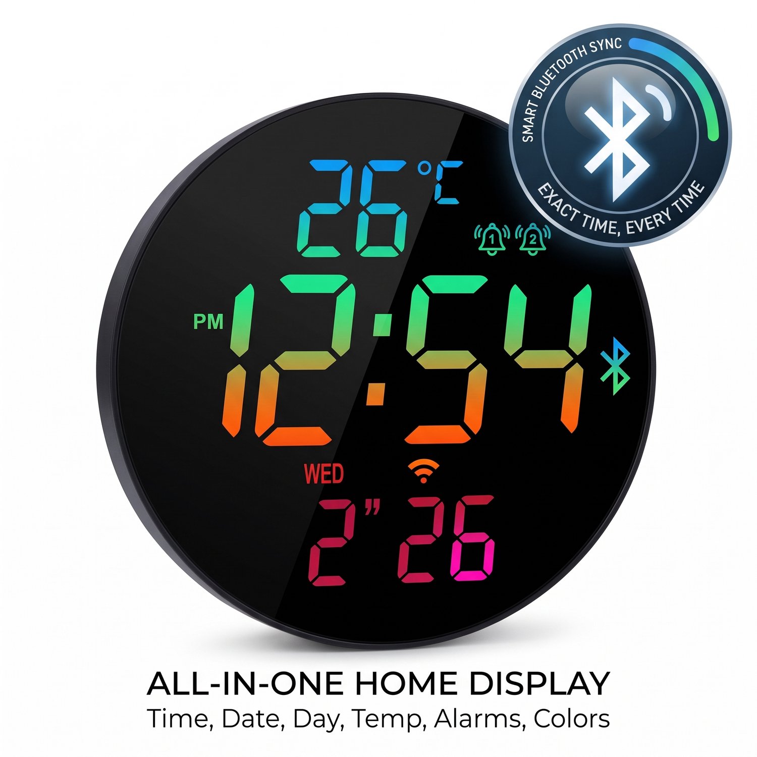 Digitale RGB LED Wandklok & Bureauklok - Bluetooth Tijdsynchronisatie - 12 Kleuren Display - Inclusief Afstandsbediening, Timer, Dual Alarm & Thermometer - Rond - Zwart