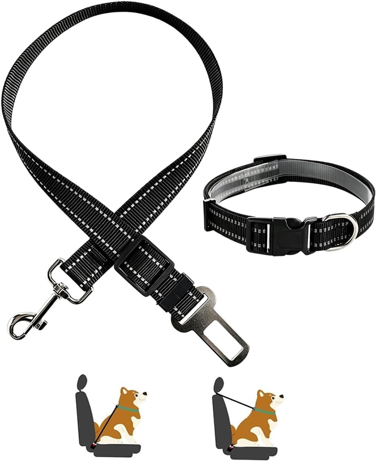 Veiligheidsgordel voor honden en auto, verstelbaar, zwart, 2 stuks, nylon riem met gesp voor reizen in de auto (zwart) - ShopVlot