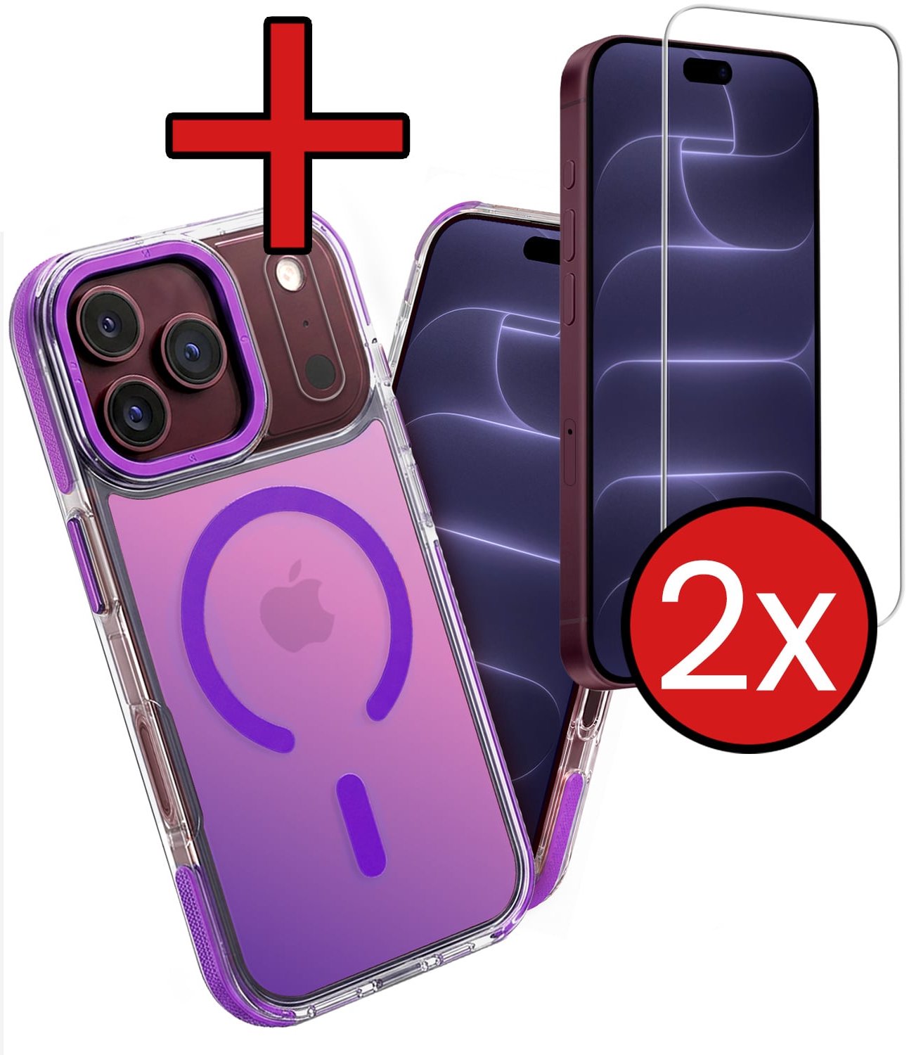 Hoesje - Met 2x Screenprotector - Geschikt voor Apple iPhone 18 Pro - Magsafe Compatible - Holographic - Sterk & Shockproof - Shock Proof Case - Back Cover - Telefoon Hoes - Telefoonhoes - Paars