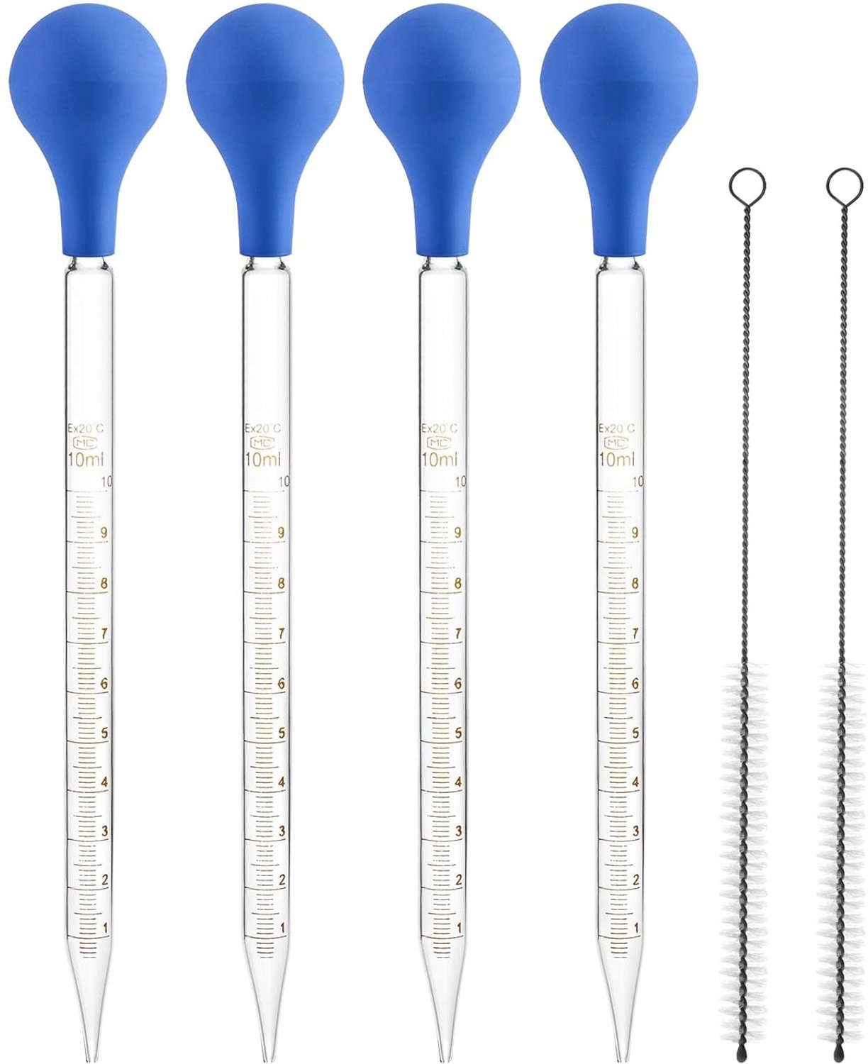 SnelShoppen - 4 Stuks 10ml Glazen Pipette met Rubber Dop en 2 Stuks Schoonmaakborstel - Professionele Druppelaar voor Keuken, Laboratorium en DIY Proj