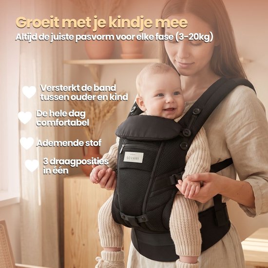 Sovani Adapt - Draagzak - Ergonomische Baby Draagzak 0-36mnd - Luxe Buikdrager tot 15 kg - OEKO-TEX Katoen - Handsfree Comfort - Met Rugsteun - Beige — afbeelding 5