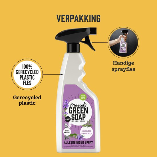 Marcel's Green Soap allesreiniger spray fles van 100% gerecycled plastic, lavendel en rozemarijn.