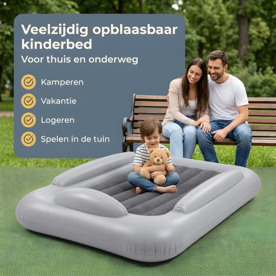 Opblaasbaar kinderreisbed - Verhoogde randen - Uitneembaar veloursachtig matras - 160 x 100 x 30 cm - Inclusief elektrische luchtpomp - PVC - Grijs — afbeelding 3
