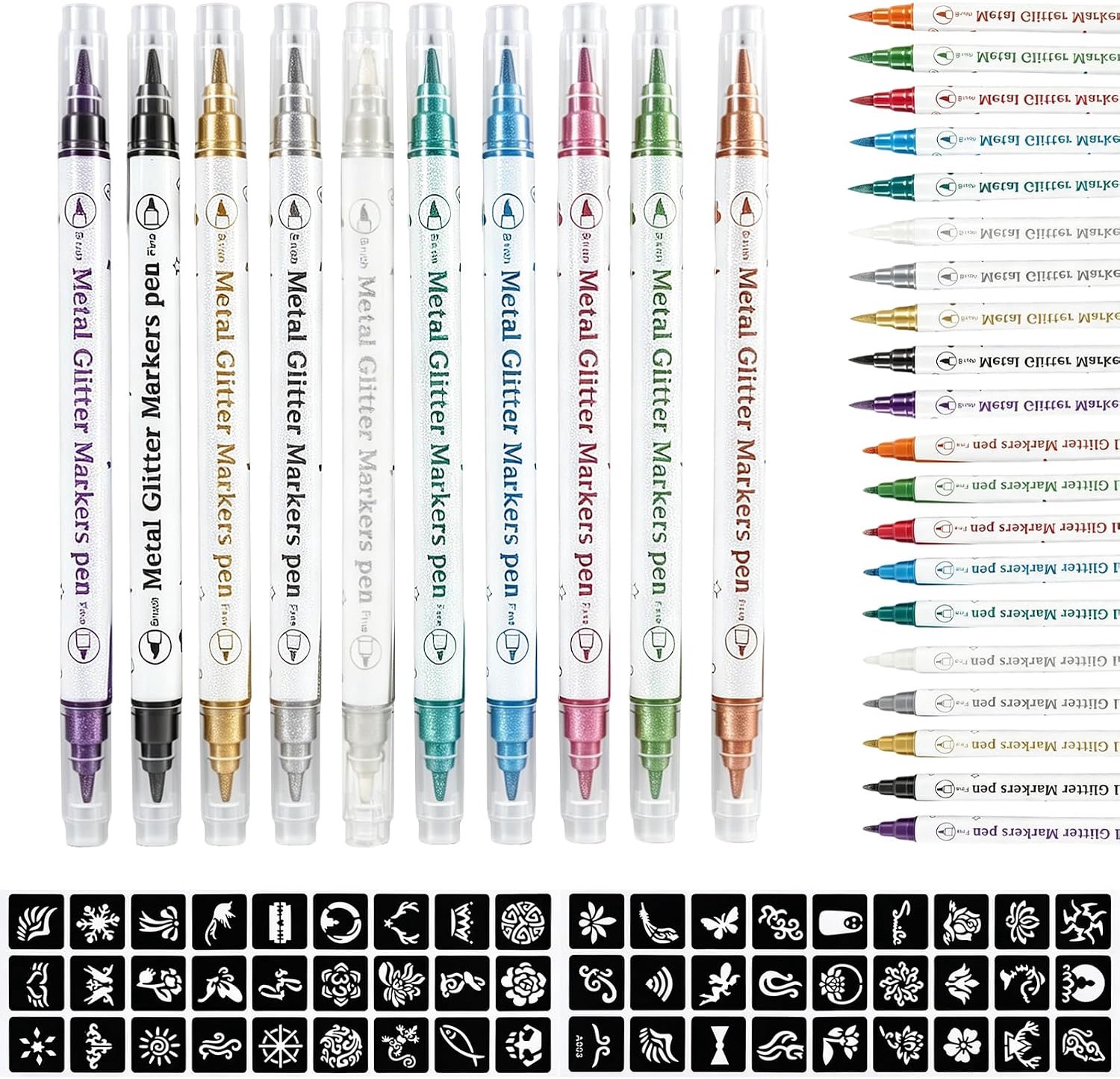 Tattoo pennen set - 10 stuks - met glitter en metallic kleuren - ideaal voor creatieve ontwerpen - Vemera