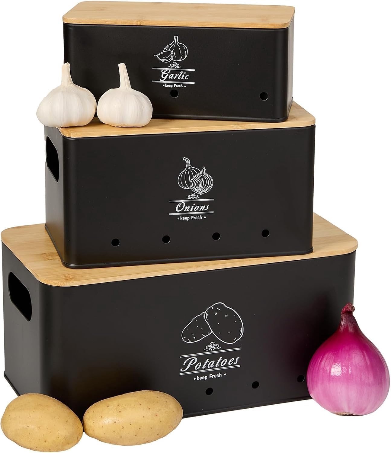 Groenteopslagset - Zwart - Set van 3 - Gegalvaniseerd Staal met Bamboe Deksels - Voor Aardappelen, Uien en Knoflook