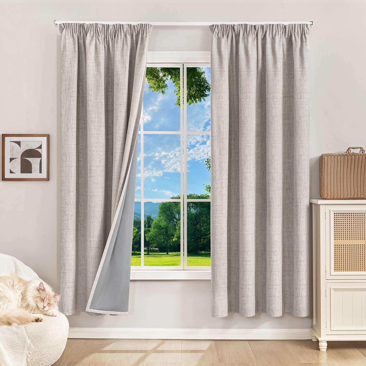 Famanu 100% verduisterende gordijnen met plooiband, set van 2, 175 x 140 cm, linnenlook, voor optimale warmte-isolatie wit