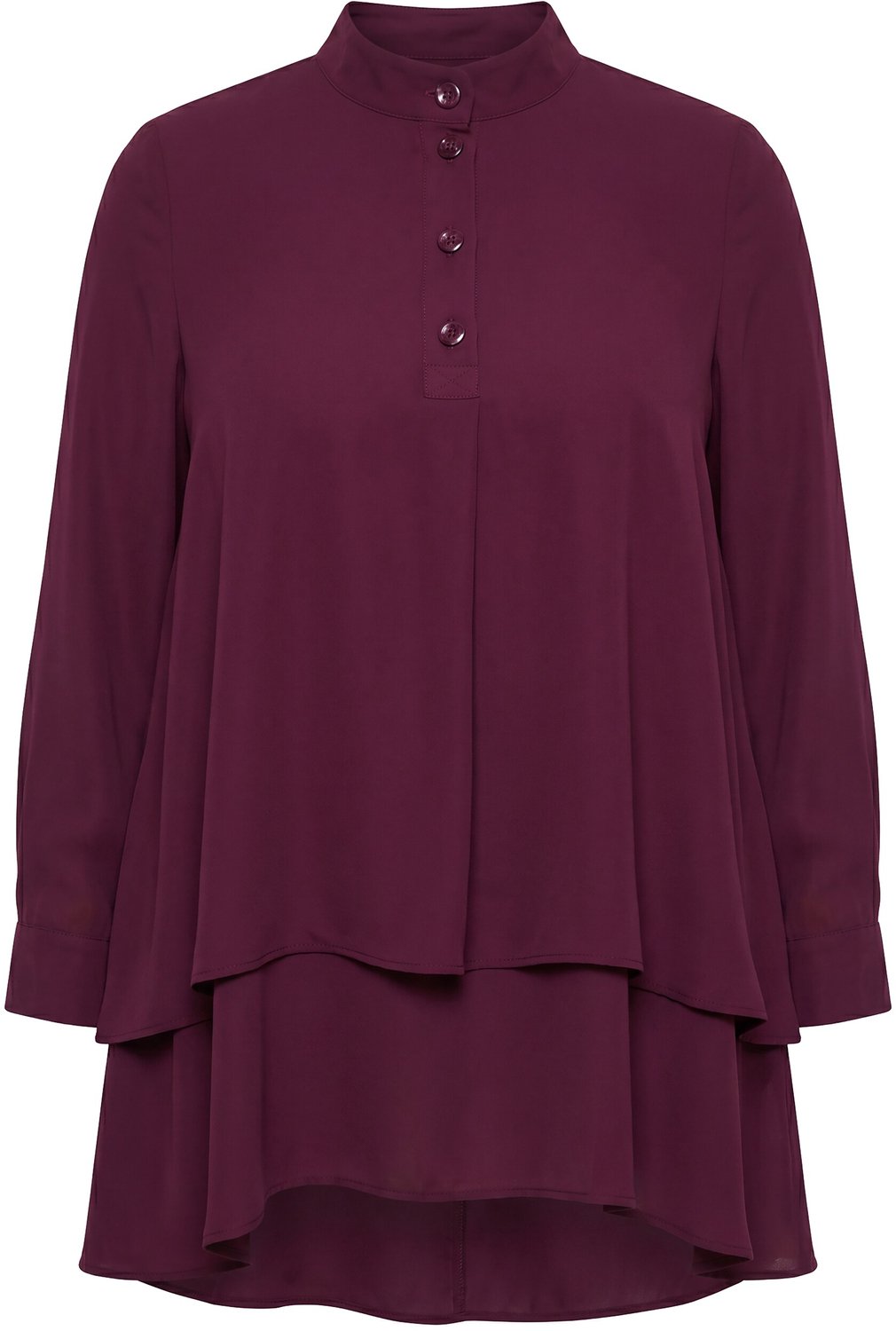 Ulla Popken - Dames - Tuniek laagjeslook A-lijn opstaande kraag lange mouwen - Wijnrood - Maat 54+