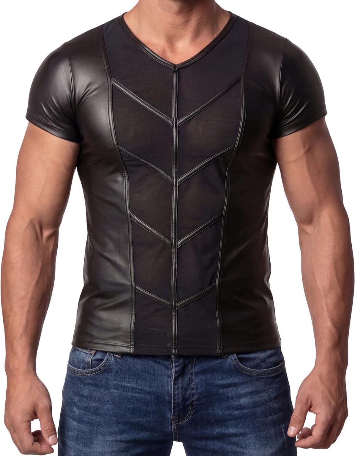 Latex-achtig wetlook herenshirt met mesh-inzetstukken, Mesh 02, S - ShopVlot