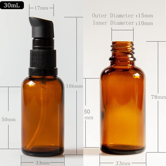Pompflessen 30ml - Amber glas - Levensmiddelenveilig - Ideaal voor lotions en essentiële oliën - ShopVlot — afbeelding 2