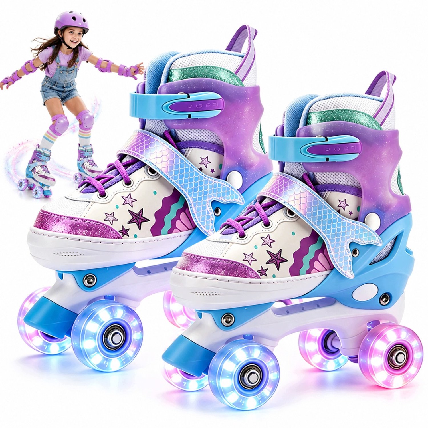 Verstelbare Kinder Rolschaatsen Zeemeermin S met Lichtgevende Wielen