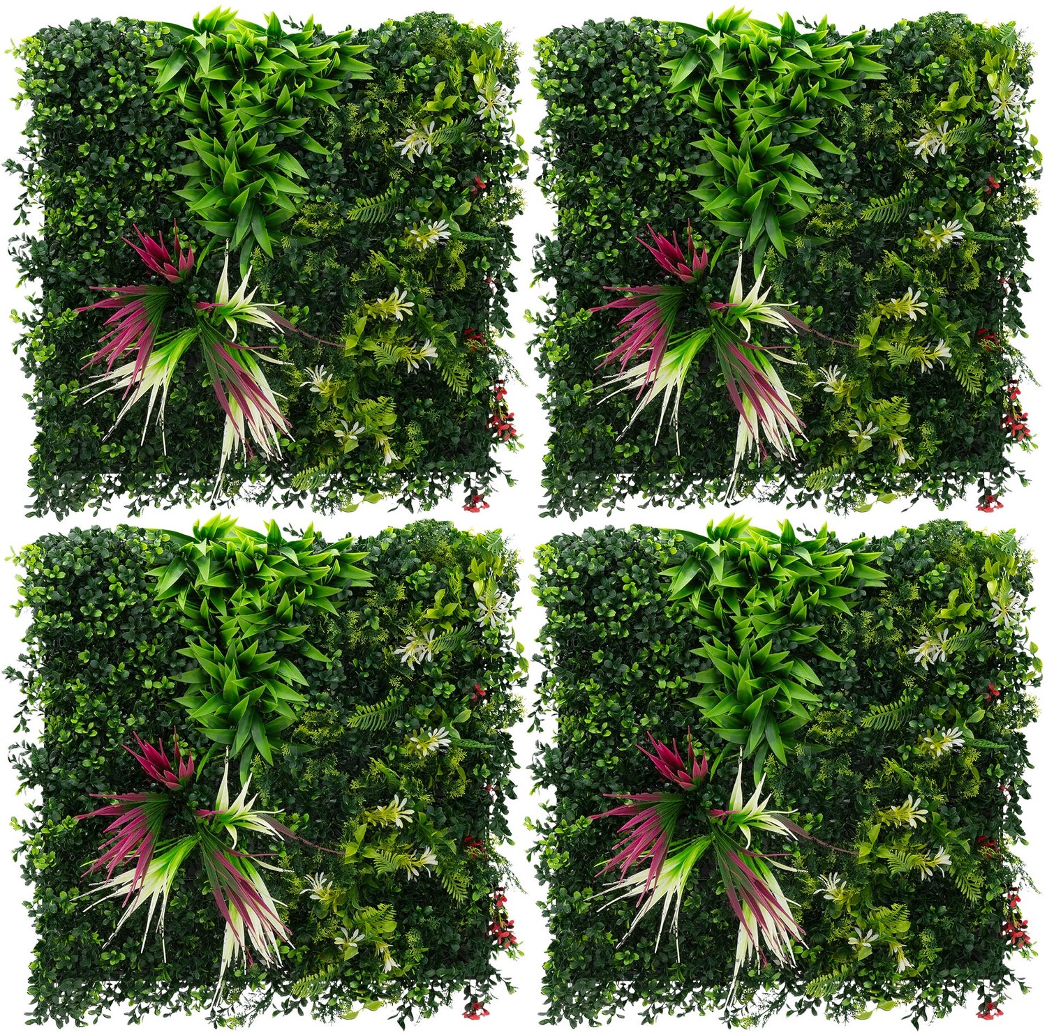 ECD Germany Plantenwand 50 x 50 cm, 4 stuks wandpaneel van kunstplanten, kunstplantenwand privacyscherm weerbestendig, makkelijk te verzorgen en duurzaam voor buiten en binnen, uv-bestendig kunsthaag paneel voor uw tuin en balkon, groen tropical pink