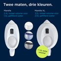 Twee Brita Marella waterfilters, wit. Marella (links) en Marella XL (rechts). Drie ronde afbeeldingen van filters in blauw, paars en grijs.