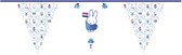 Nijntje vlaggenlijn in Delfts blauwe stijl met afbeeldingen van windmolens, tulpen en Nijntje met een Nederlandse vlag.
