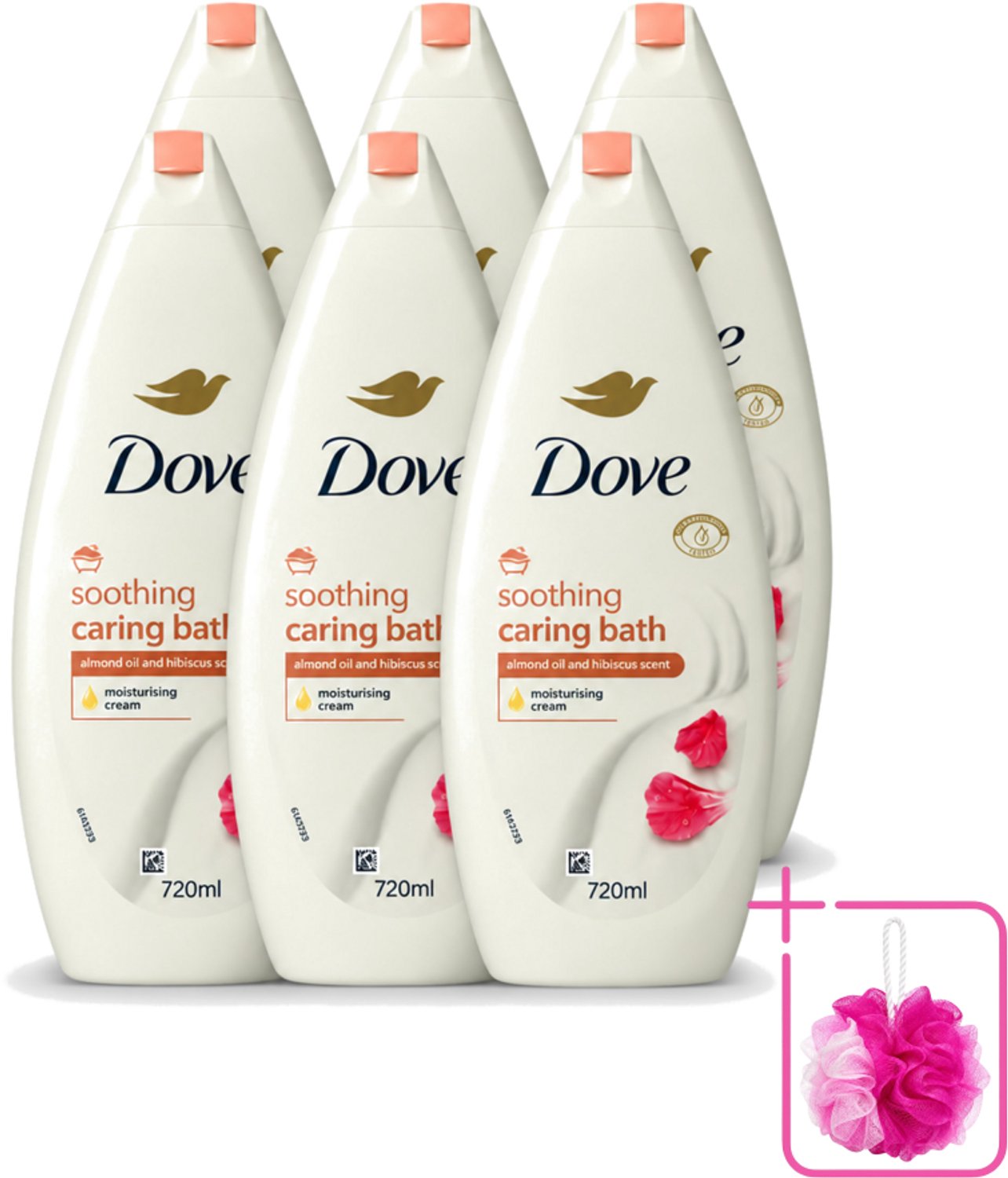 6 x Dove – Badcrème – Soothing Almond Oil & Hibiscus – 720 ml - Bulkverpakking - Douchegel - Douchemop - Huidverzorging