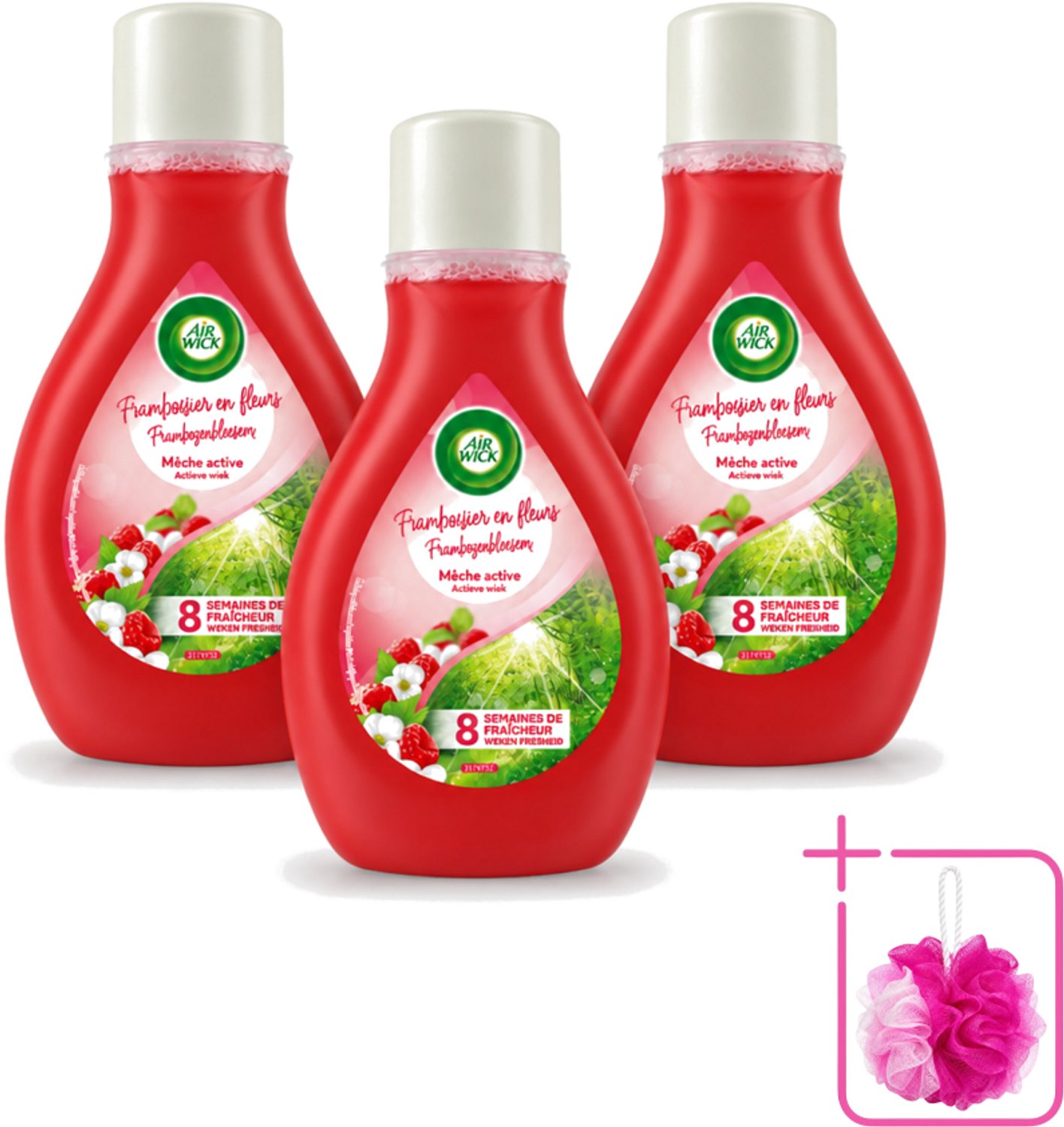 3 x Air Wick – Luchtverfrisser – Actieve Wiek Framboos & Bloesem – 375 ml - Bulkverpakking - Luchtverfrisser - Geur