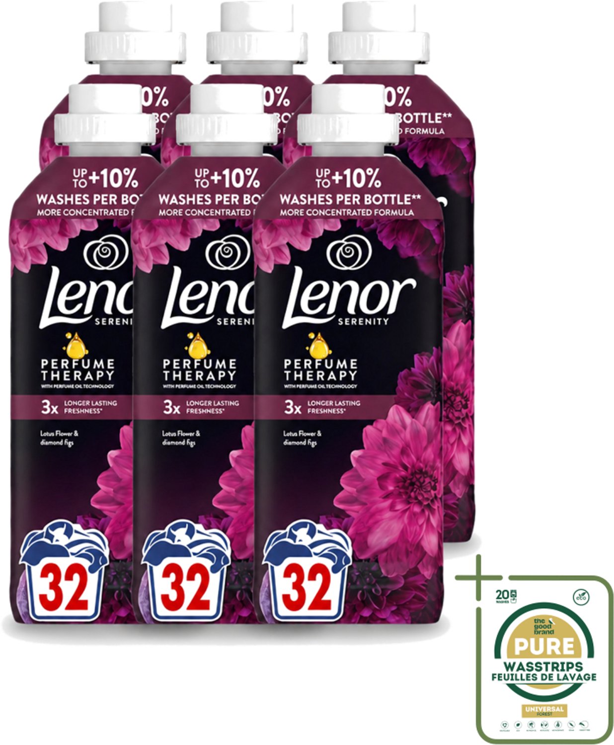 6 x Lenor – Wasverzachter – Lotus Flower & Diamond Figs – 32 Wasbeurten – 675 ml - Wasstrips - Wasverzachter - Wasmachine - Geur - Wasbeurt - Kleding Verzachten