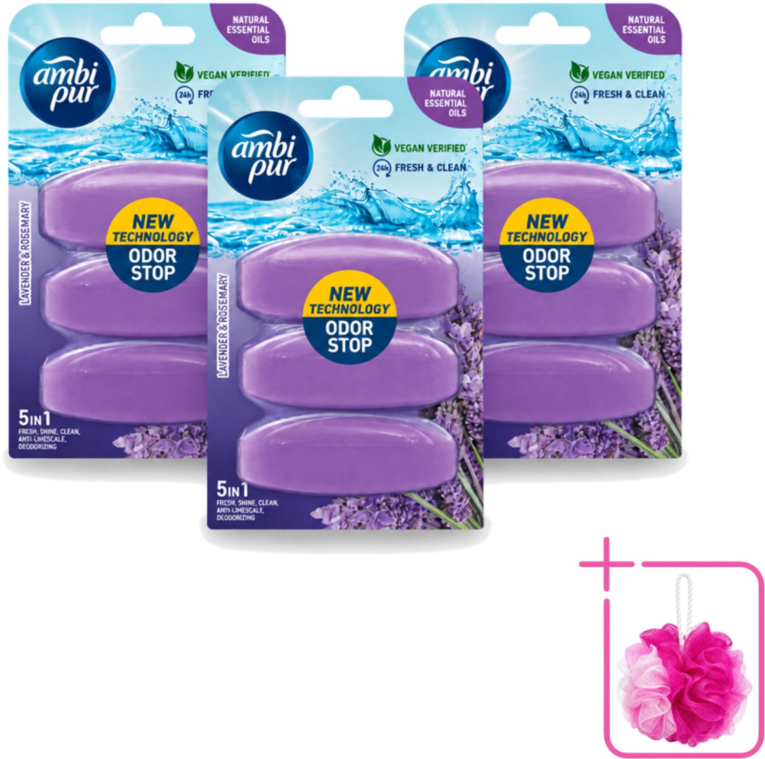 3 x Ambi Pur - Navulling Toiletblok - Lavendel & Rozemarijn - 3 Blokken - Bulkverpakking - Toiletblok navulling - Douchemop - Reinigingsvulling
