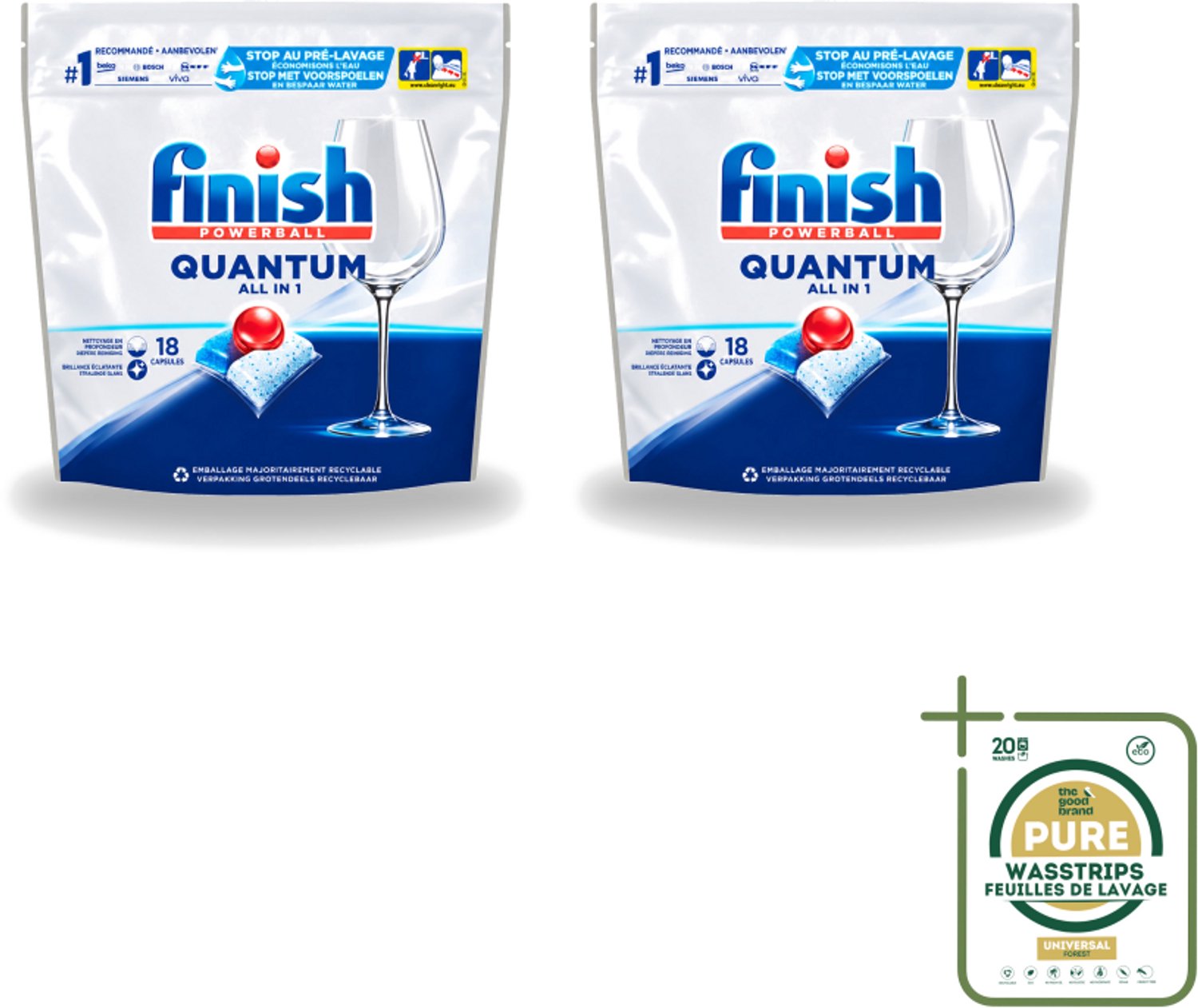 2 x Finish Powerball - Quantum All in 1 - Vaatwastabletten - Stralende Glans - 18 Tabletten - Wasstrips - Vaatwasmiddel - Vaatwastablet - Vaatwasmiddel Voor Glaswerk - Vaatwasmiddel Met Glans - Vaatwasmiddel Zonder Voorwas