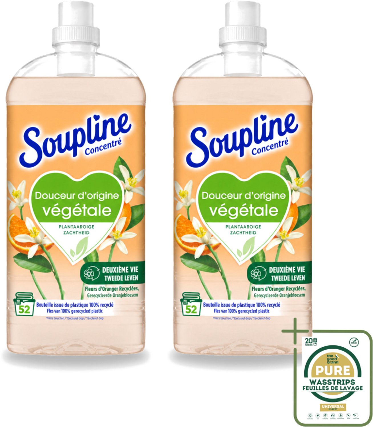 2 x Soupline - Wasverzachter - Oranjebloesem - 52 Wasbeurten - 1.3L - Wasstrips - Wasverzachter - Plantaardige Zachtheid - Oranje Bloesem - Zachte Was - Natuurlijke Zachtheid