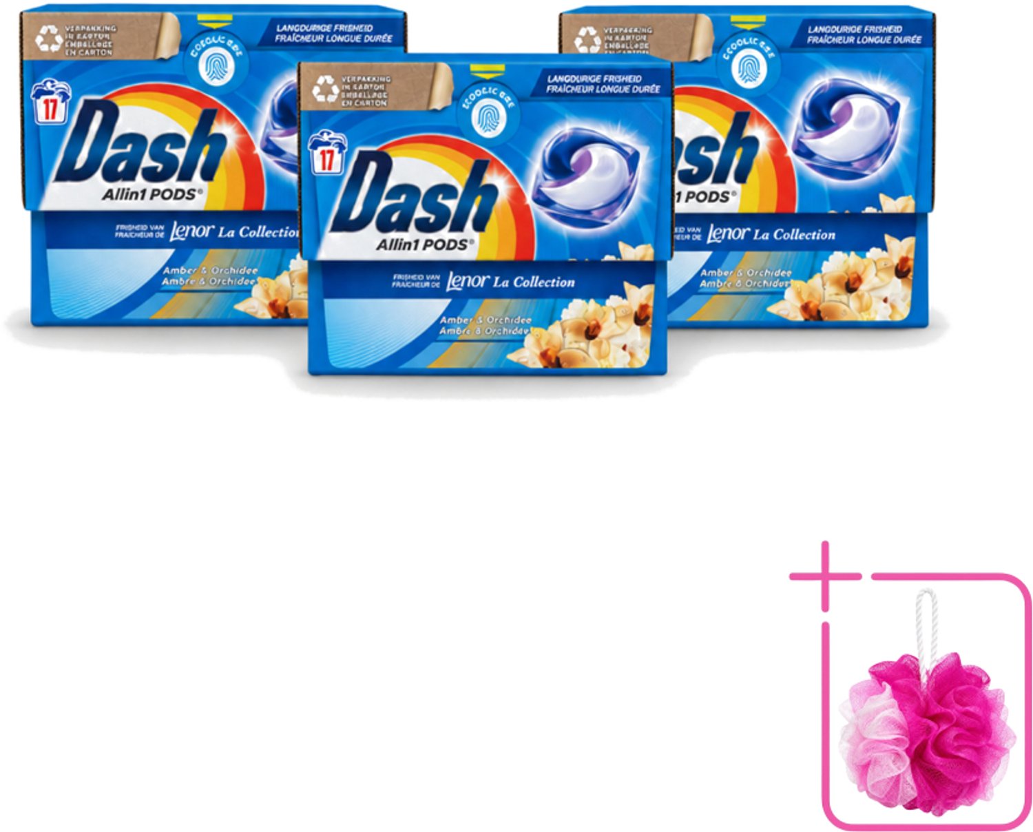 3 x Dash - Lenor Collectie - Wasmiddel Capsules - All-in-1 Pods - Witte en Gekleurde Was - Amber & Orchidee - 17 Wasbeurten - Bulkverpakking - Wasmiddel capsules - Douchemop - Wasbeurt