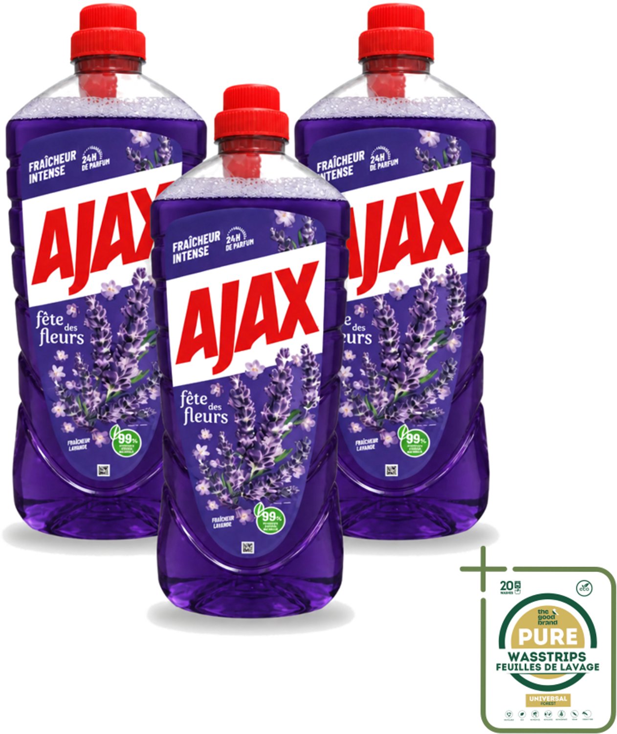 3 x Ajax – Allesreiniger – Lavendel – 1,25 L - Wasstrips - Allesreiniger Lavendel - Reiniging - Vet Verwijderen - Frisse Geur - Rustgevende Geur