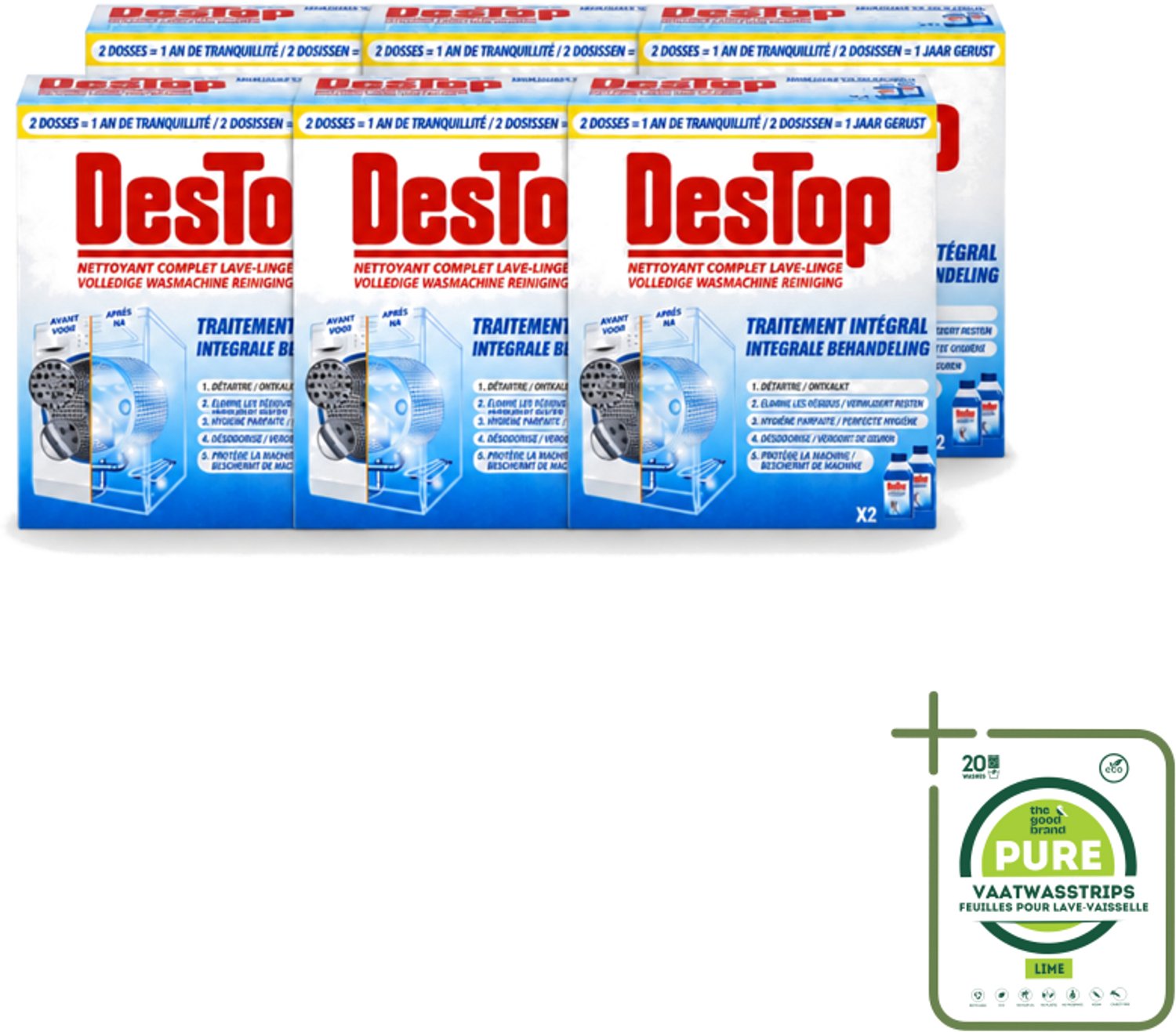 6 x Destop - Wasmachine reiniger - Integrale Behandeling - Duopack - Grootverpakking - Vaatwasstrips - Wasmachine Reiniger - Kalk Verwijderen - Wasmachine Reinigen - Wasmachine Hygiëne - Wasmachine Onderhoud