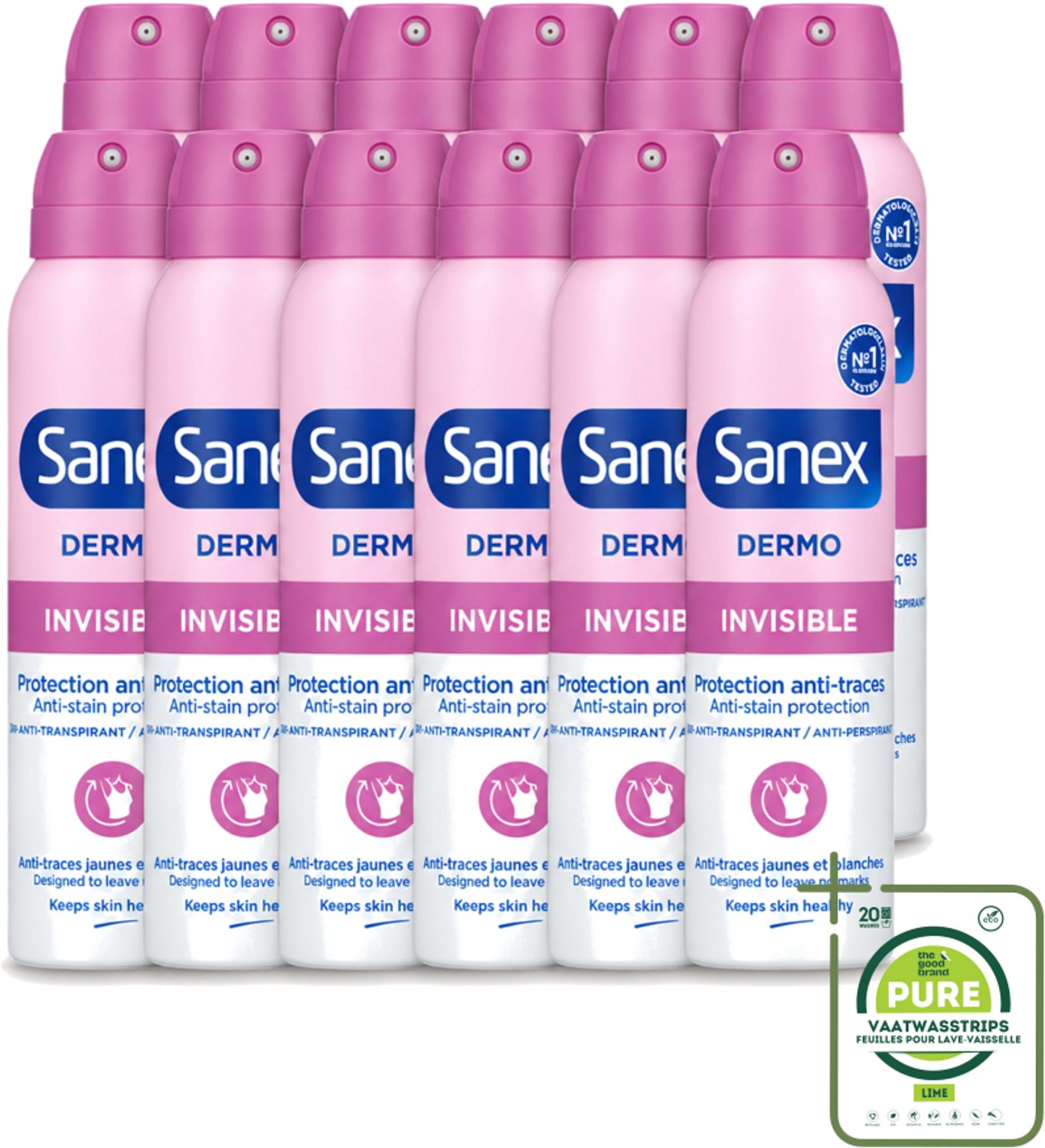 12 x Sanex – Deodorant Spray – Dermo Invisible – 150 ml - Grootverpakking - Vaatwasstrips - Onzezichtbare Deodorant - Deodorant Spray - Transpiratieregulatie - Huidbescherming - Strepenvoorkomend