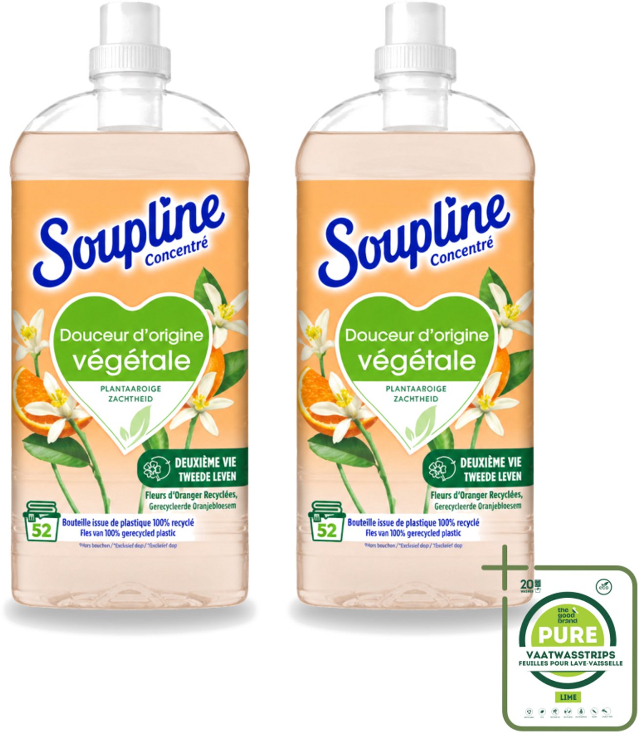 2 x Soupline - Wasverzachter - Oranjebloesem - 52 Wasbeurten - 1.3L - Grootverpakking - Vaatwasstrips - Wasverzachter - Plantaardige Zachtheid - Oranje Bloesem - Zachte Was - Natuurlijke Zachtheid