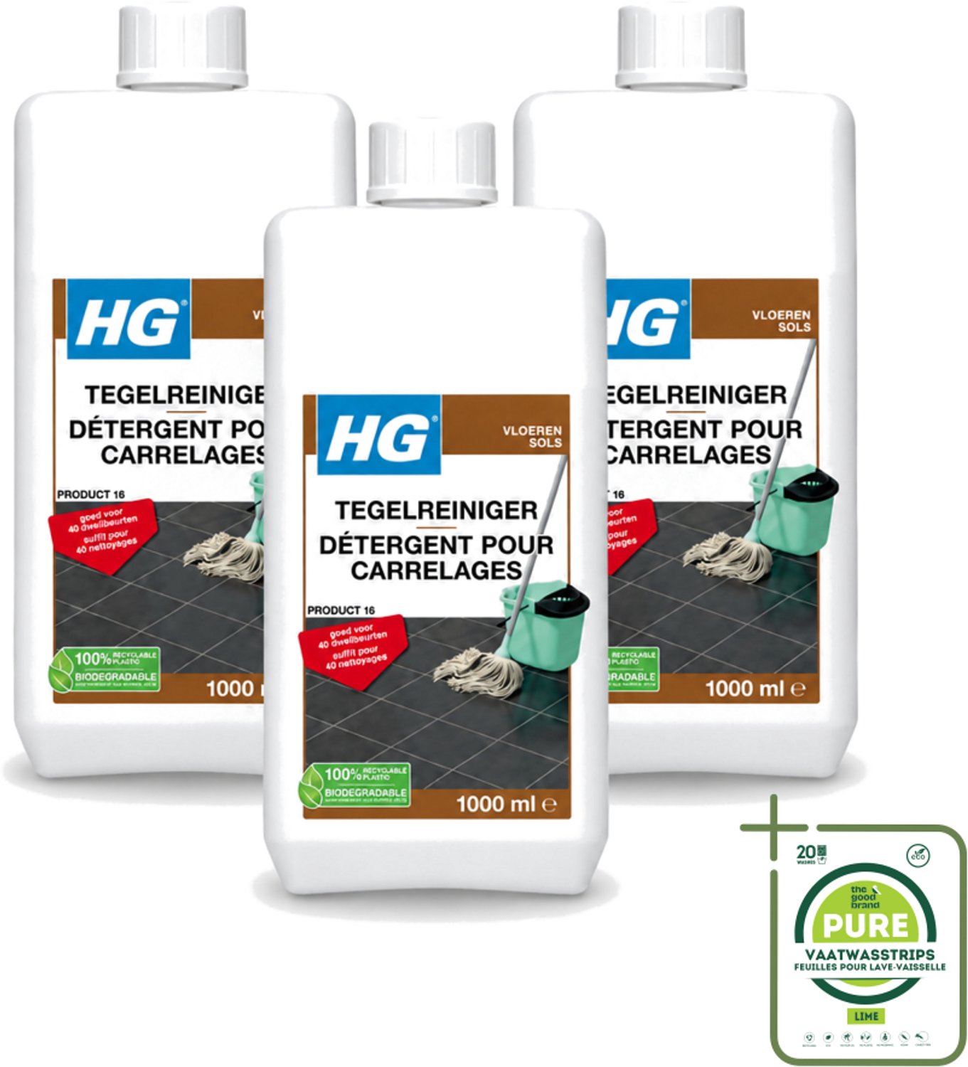 3 x HG - Vloeren - Tegelreiniger - 40 Dweilbeurten - 1L - Grootverpakking - Vaatwasstrips - Tegelreiniger - Vloerreiniger - Dweilreiniger - Tegelvloer - Natuursteen
