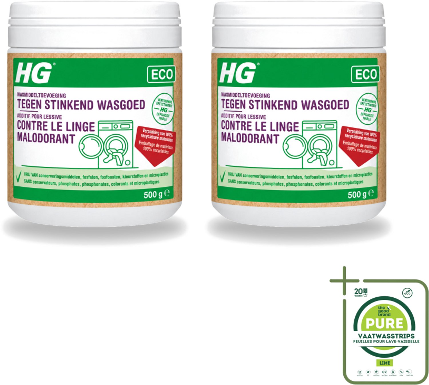 2 x HG ECO - Wasmiddeltoevoeging Tegen Stinkend Wasgoed - Effectieve Formule - 16 Wasbeurten - 500 g - Grootverpakking - Vaatwasstrips - Wasmiddel - Stankmoleculen - Wasgoed - Wasmiddeltoevoeging - Stinkend Wasgoed