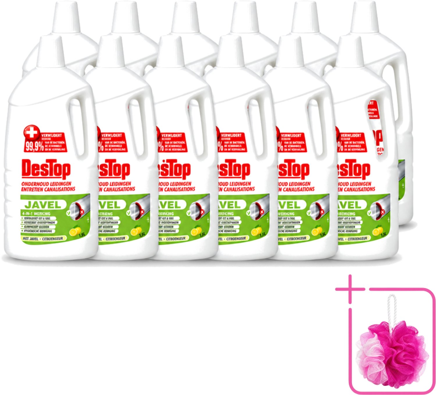 12 x DesTop - Onderhoud Leidingen - Javel - 4-in-1 Werking - Citroengeur - 1,5L - Bulkverpakking - Leidingen reinigen - Douchemop - Leidingen onderhouden