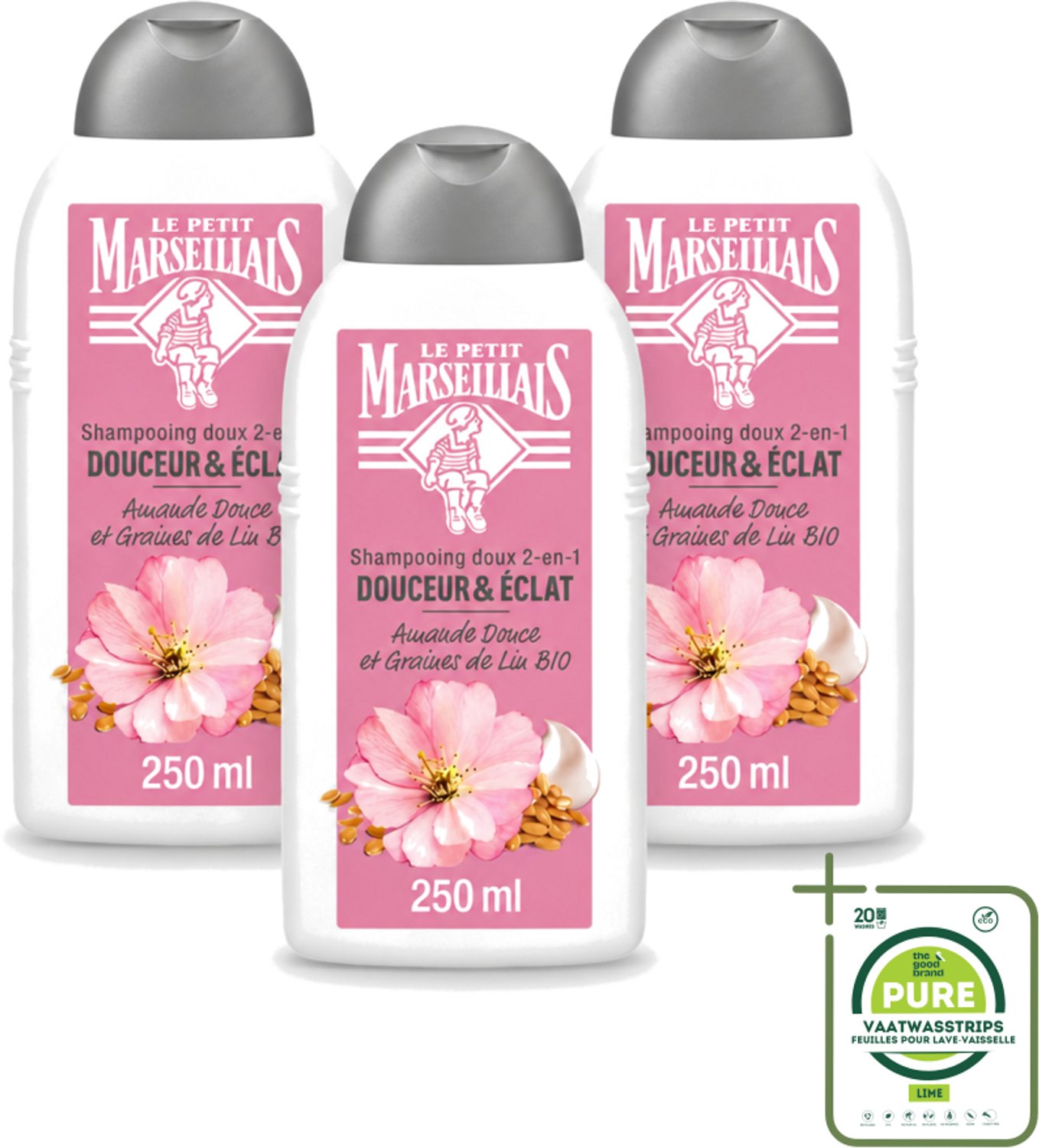 3 x Le Petit Marseillais – Shampoo – Amande Douce & Graines de Lin Bio – 250 ml - Grootverpakking - Vaatwasstrips - Shampoo Amande Douce - Shampoo Linzaad - Shampoo Bio - Shampoo Voor Fijn Haar - Shampoo Voor Normaal Haar