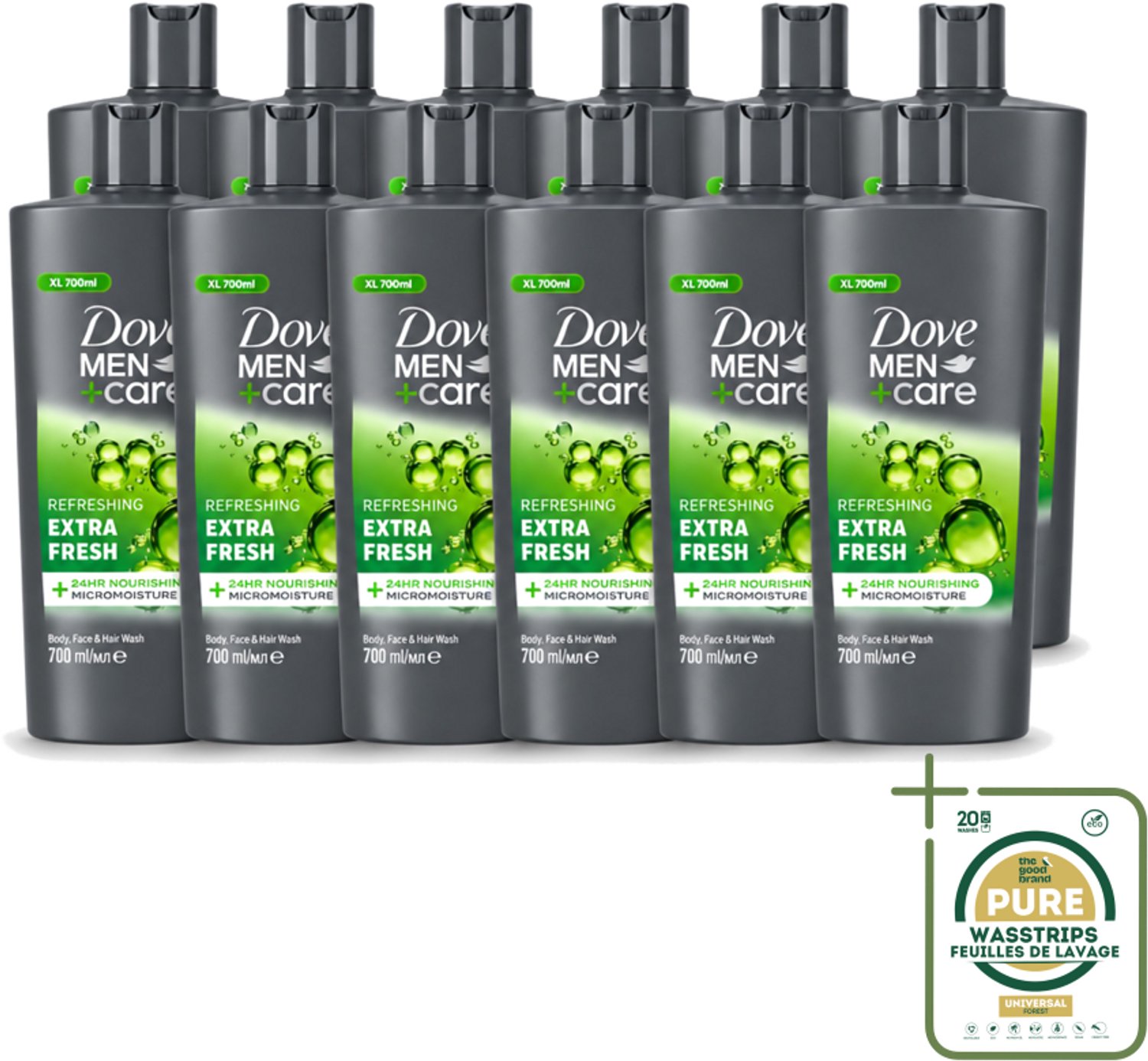 12 x Dove Men+Care - Extra Fresh - Douchegel 3-in-1 - Verzorgend - 700 ml - Wasstrips - Douchegel Voor Mannen - Verfrissende Douche - Hydraterende Douche - Gezichtsproduct Voor Mannen - Haarproduct Voor Mannen