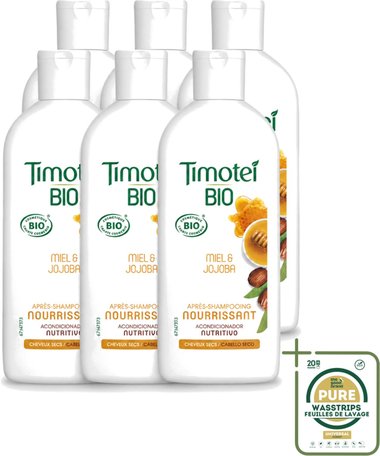 6 x Timotei - Crèmespoeling - Honing & Jojoba - Biologisch - Droog Haar & Droge Hoofdhuid - 250 ml - Wasstrips - Crèmespoeling - Droog Haar - Droge Hoofdhuid - Honing - Jojoba-olie