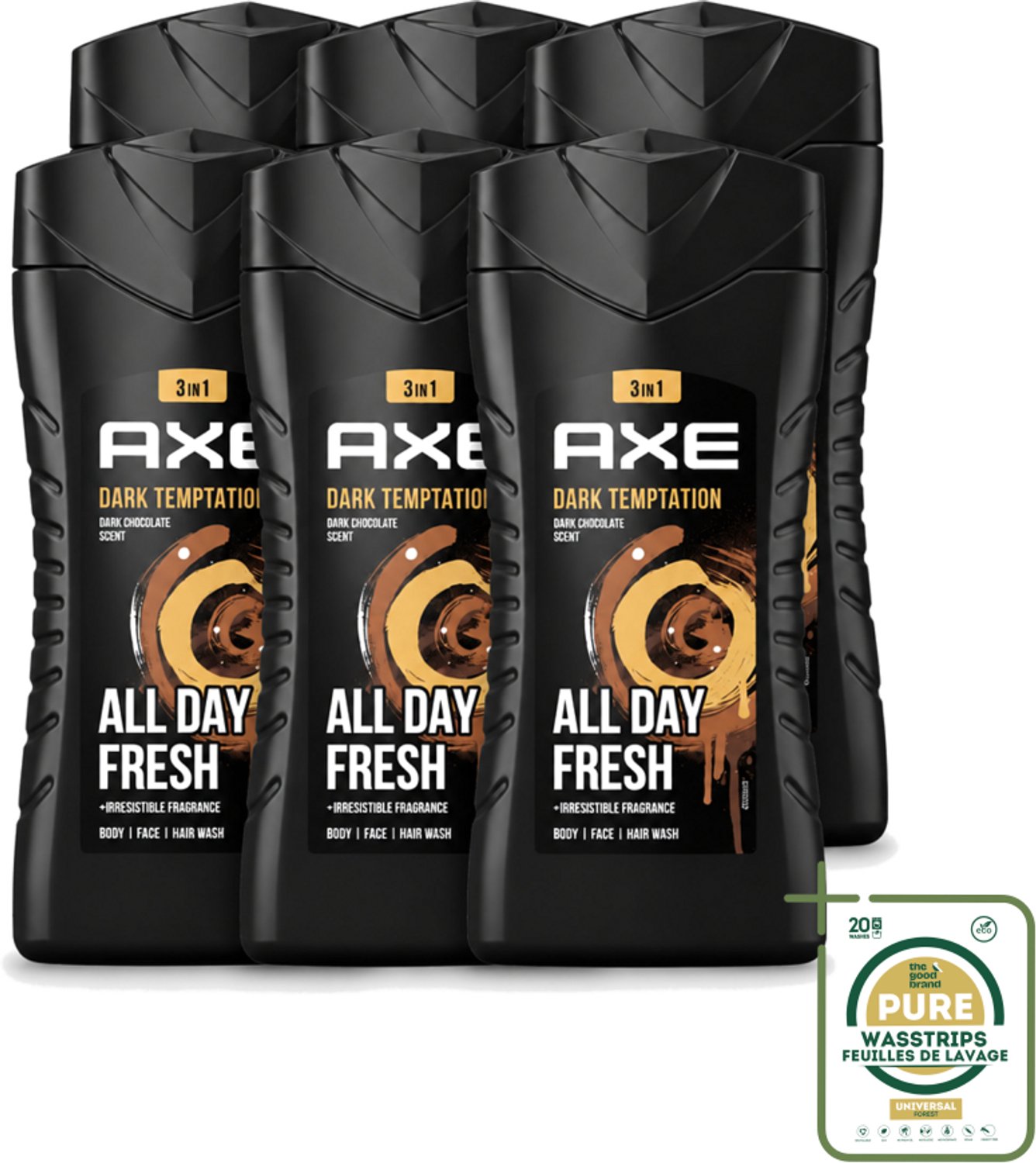 6 x Axe - 3-in-1 Douchegel - Dark Temptation - Dark Chocolate - 12hrs Long Lasting Scent - 250 ml - Wasstrips - Douchegel - Geur - Lichaam - Gezicht - Haar