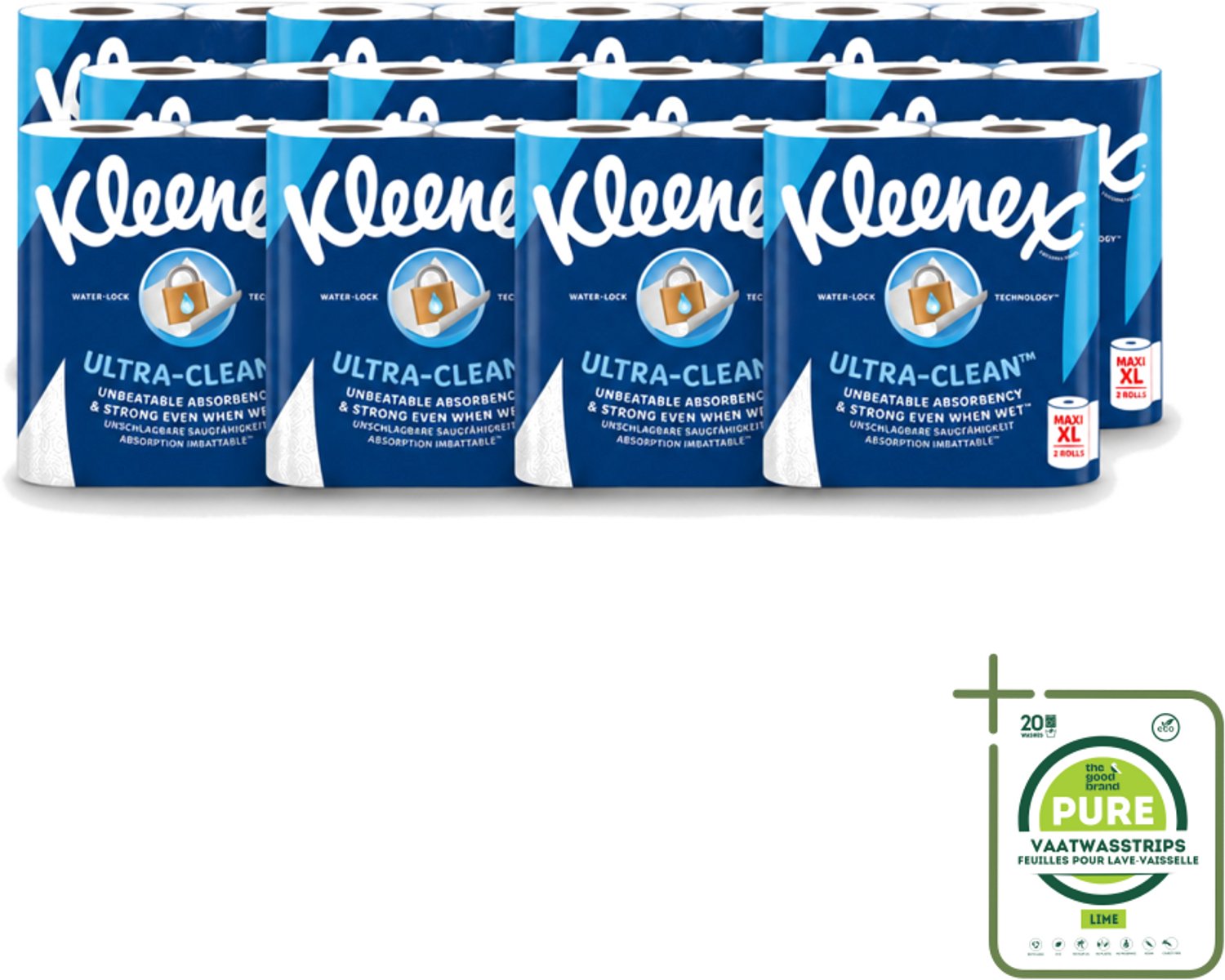12 x Kleenex - Keukenpapier - Ultra Clean - Maxi XL - Absorberend - 2 Rollen - Grootverpakking - Vaatwasstrips - Kleenex Keukenpapier - Keukenpapier - Papier Handdoek - Absorptievermogen - Natte Omstandigheden