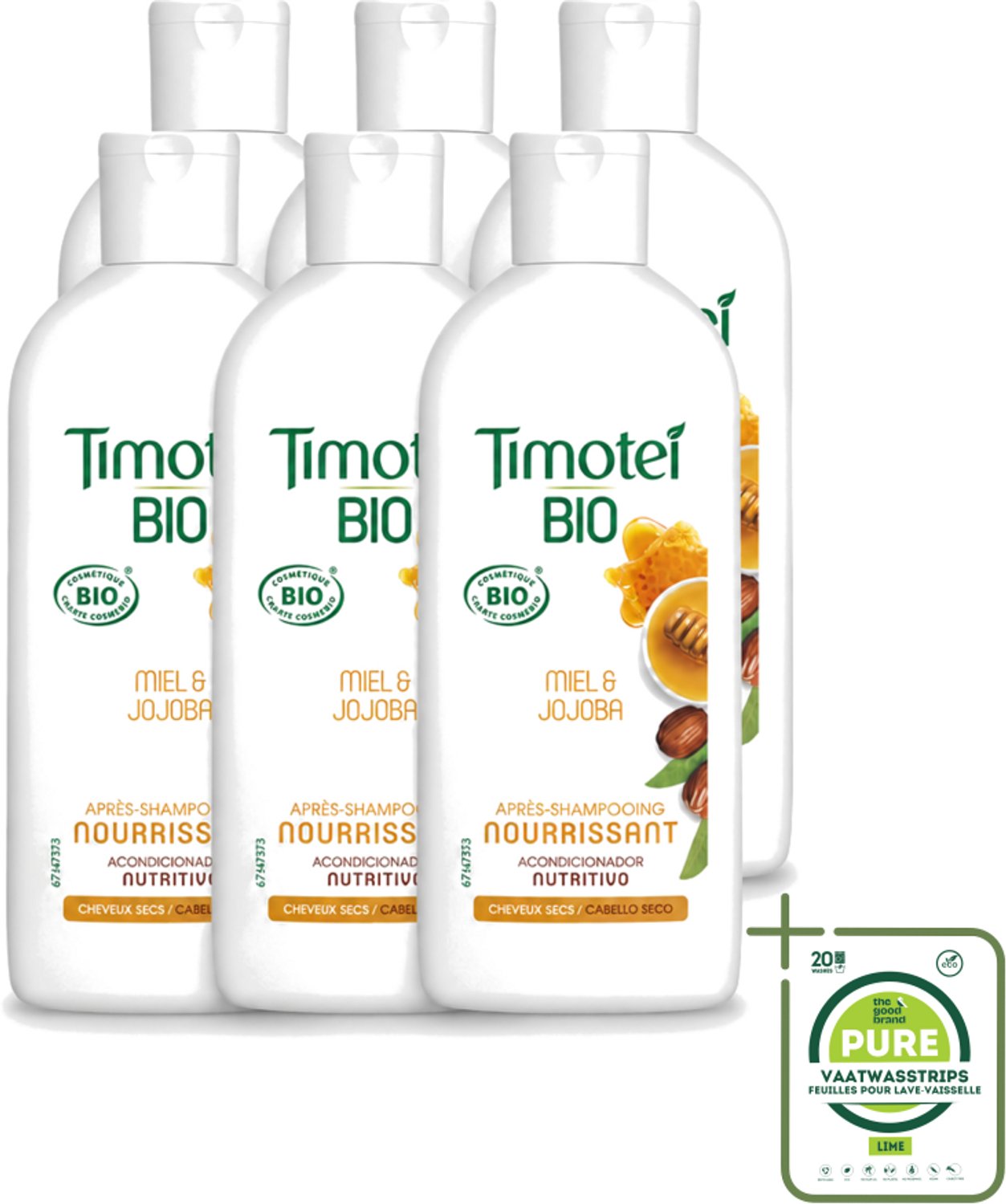 6 x Timotei - Crèmespoeling - Honing & Jojoba - Biologisch - Droog Haar & Droge Hoofdhuid - 250 ml - Grootverpakking - Vaatwasstrips - Crèmespoeling - Droog Haar - Droge Hoofdhuid - Honing - Jojoba-olie