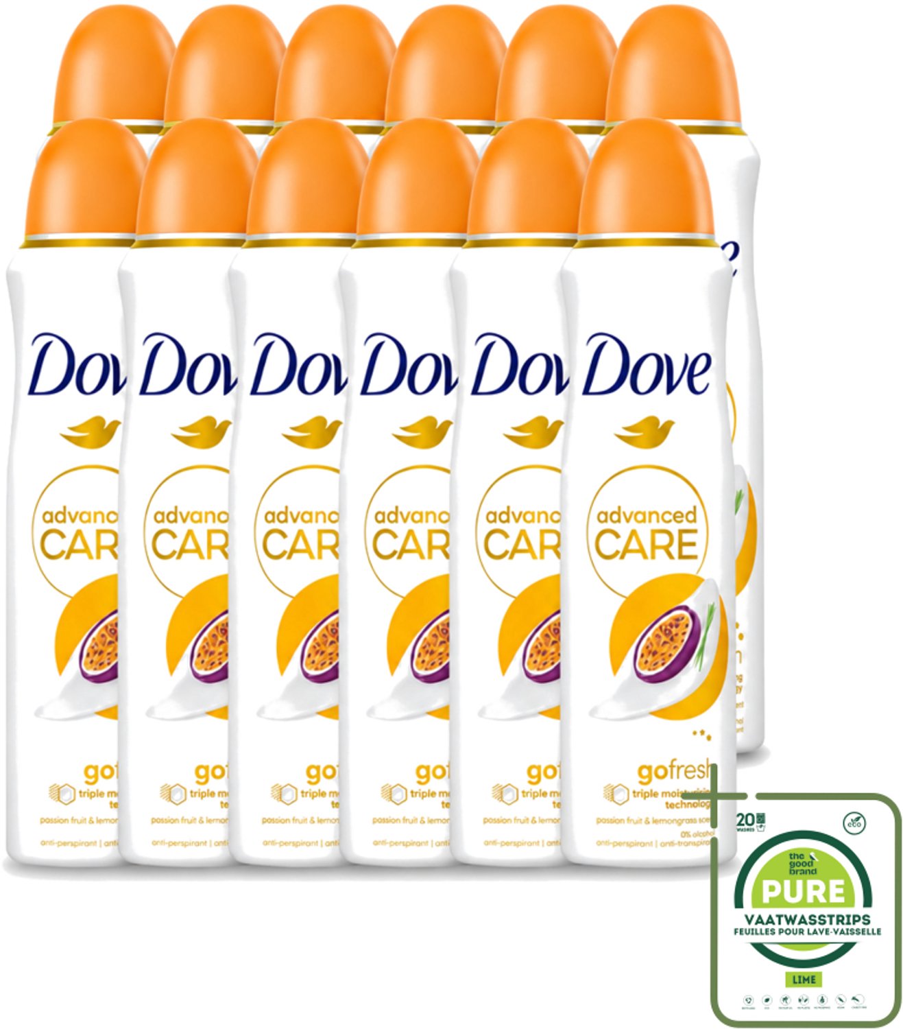 12 x Dove - Deospray - Passievrucht & Citroengras - 150 ml - Grootverpakking - Vaatwasstrips - Passievrucht En Citroengras - Anti-transpirant - Deospray - Okselbescherming - Geur
